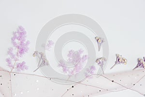 Nature purple flowers with ribbon over thew white background.