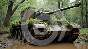 Nature reclaiming rusty tank with crawling vines and mud covered tracks photo