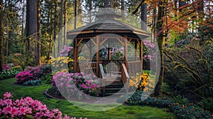 nature retreat, tranquil backyard gazebo surrounded by trees and flowers, providing a serene space to relax and connect