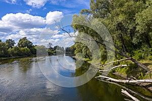 Nature river landscape in summer aerial view.