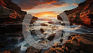 Nature rock object, sunset cliff, landscape outdoors, coastline wave water beauty generated by AI