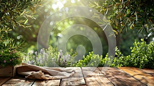 nature rural background, wooden table for advertising or presentation of goods, copy space