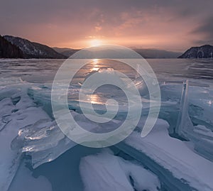 Nature Of Russia, Siberian Landscape: Frozen Blue Ice Of The Teletskoye Lake, Shot At Sunrise. Nature Of Siberia. One Of The Attra