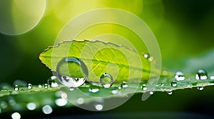 Nature\'s Ballet: A Close-Up of a Raindrop Suspended on a Leaf, Reflecting Vibrant Greenery