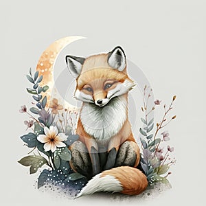 Nature's Beauty Cute Fox Moon with Colorful Flowers - Generative AI