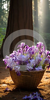 Nature\'s Beauty: Purple Flowers In A Basket With Woodland Imagery
