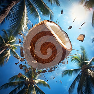 Nature\'s Bounty: A Falling Coconut Slice in Tropical Paradise