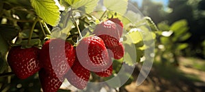 Nature\'s Bounty Unveiled: Luscious Strawberries Cascading on Delicate Branches, A Symphony of Crimson Jewels in Verdant Embrace -