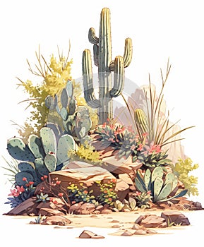 Nature\'s Cartoon Extravaganza: Colorful Cactus and Succulent Plants Flourish Amidst Wasteland Vistas