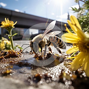 Nature's Determination: A Bee's Resilient Quest in the Concrete Jungle