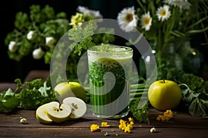 Nature's Detoxifiers - Green Juice, Vegetables, and Healthful Smoothies in Glass Mugs