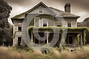 Nature's Encroachment: Abandoned House Overgrown with Ivy, Broken Windows Allow Overcast Sky to Peer In