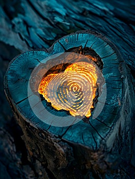 Nature\'s Fingerprint: Glowing Heart Carved into a Tree Trunk