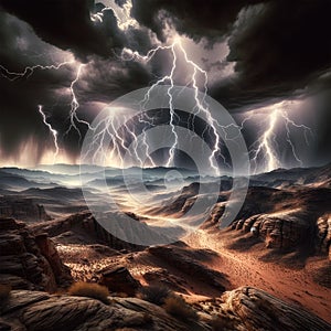 Nature\'s Fury - Lightning Storm Illuminating Rocky Terrain photo