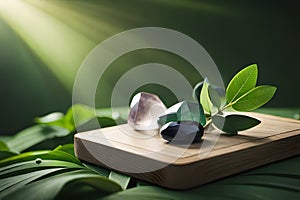 Nature\'s Gems: Healing Crystals Arranged on a Beautiful Bed of Leaves with Generative AI