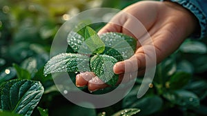 Nature& x27;s Gift, Hand Holding Fresh Ashwagandha Leaves with Dew Drops, Macro Shot, Morning Light in a Lush Garden