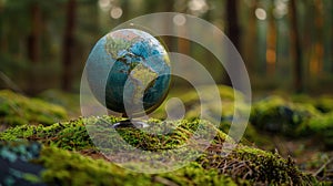 Nature\'s Global Connection: A Globe Resting on Moss in a European Forest - Environmental Concept