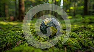 Nature\'s Global Connection: A Globe Resting on Moss in a European Forest - Environmental Concept