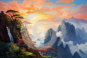 nature\'s grandeur with this canvas painting, featuring mountain peaks in a landscape of awe-inspiring beauty.