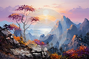 nature\'s grandeur with this canvas painting, featuring mountain peaks in a landscape of awe-inspiring beauty.