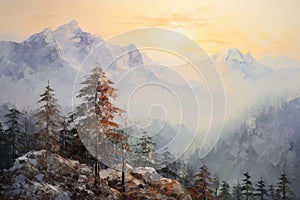 nature\'s grandeur with this canvas painting, featuring mountain peaks in a landscape of awe-inspiring beauty.