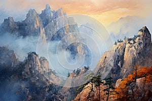 nature\'s grandeur with this canvas painting, featuring mountain peaks in a landscape of awe-inspiring beauty.