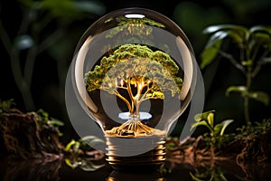 Nature\'s ingenuity, Light bulb nurtures tree, representing earth day initiatives photo