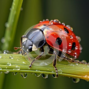 Nature's Jewels: Macro Portrait of a Ladybug Adorned with Dewdrops