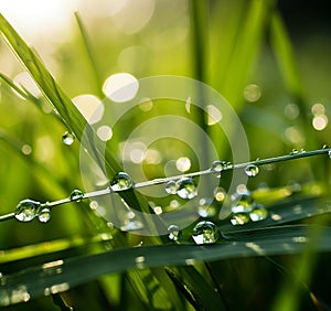 Nature\'s Jewels: Mesmerizing Dewdrops on Glistening Grass in Bokeh Bliss