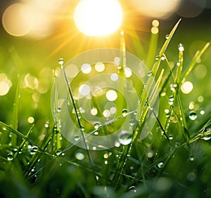 Nature\'s Jewels: A Stunning Close-Up of Dewy Grass and Glistening Water Drops