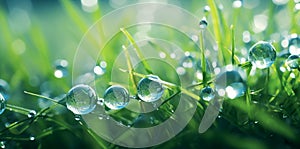Nature\'s Jewels: A Stunning View of Sunlit Green Grass with Dew Drops