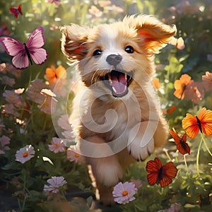 Nature's joyful dance: A puppy and a butterfly