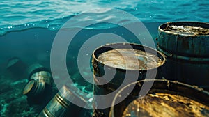 Nature's lament, rusty barrels mar the ocean floor, a testament to human folly.