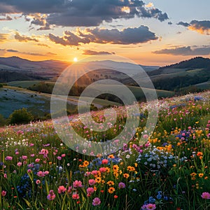 Nature\'s palette: sunset over wildflowers.