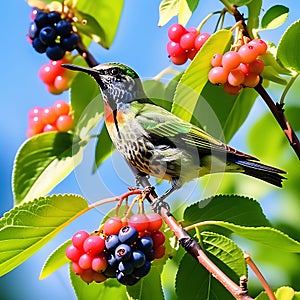 Nature\'s Palette: Unripe Aronia Fruits with a Hummingbird Hovering - A Sunny Summer Day in Nature