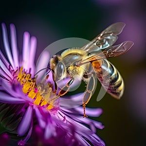 Nature\'s Pollination Ballet: A Close-Up Encounter of a Bee and a Blossoming Flower