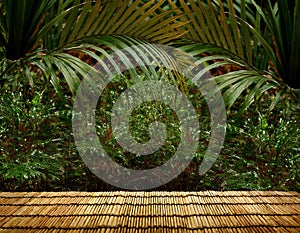 Nature\'s Serene Oasis Lush Tropical Foliage Framed By Bamboo Mat photo