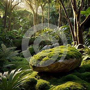 Nature\'s Showcase: Product Display in Lush Jungle Setting. photo