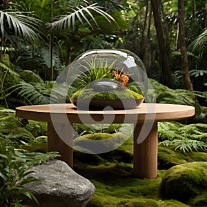 Nature\'s Showcase: Product Display in Lush Jungle Setting. photo