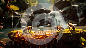 Nature\'s Symphony: Bees Crafting Honeycomb by a Waterfall