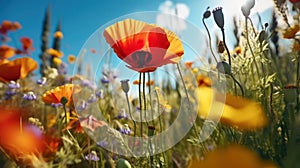 Nature\'s Tapestry: Poppies, Butterfly, and the Azure Sky