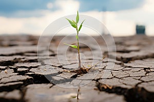 Nature\'s tenacity A weed sprout breaks through dry ground during rainfall