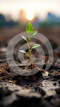 Nature\'s tenacity A weed sprout breaks through dry ground during rainfall