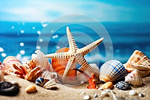 Nature\'s Treasures: Seashells and starfish Adorning Sandy Beach - Generative AI