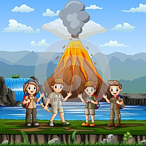 Nature scene with group of scouts and volcano erupt
