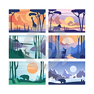 Nature Scene and Landscape View with Trees, Animals and Mountain Silhouette Vector Set