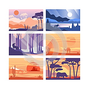 Nature Scene and Landscape View with Trees, Animals and Mountain Silhouette Vector Set