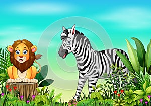 Nature scene with a lion sitting on tree stump and zebra