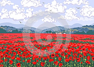 Nature Scene with Red Poppy Field, Hills, Clouds in Sky