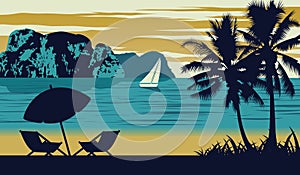 Nature scene of sea in summer,umbrella and cot are on beach,vintage color design